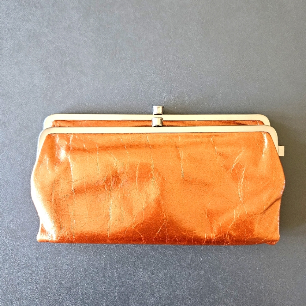 HOBO Lauren Bronzey Orange Patent Leather Clutch Wallet